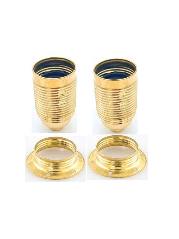 Set da 2 Portalampade Filettato Oro E27 in metallo Ottone Dorato + 2 ghiere metalliche